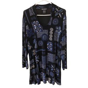 Made In Heaven Stretch Travel Tunic Top L/S Womens 1X Black Blue Geometric Print